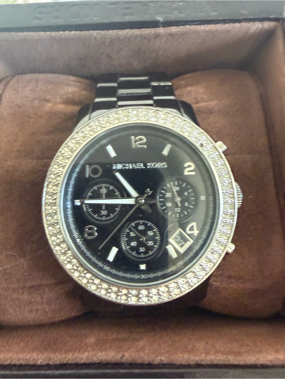 Vintage Michael Kors Black & silver dial Crystal Bezel Chronograph Watch